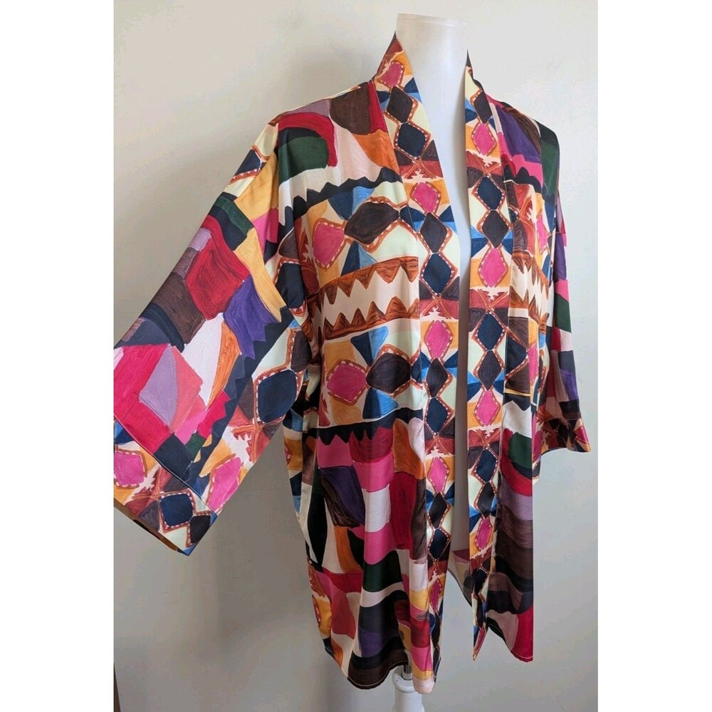 Soft Surroundings Silky Open Kimono Jacket Topper S M Colorful Artsy Eclectic